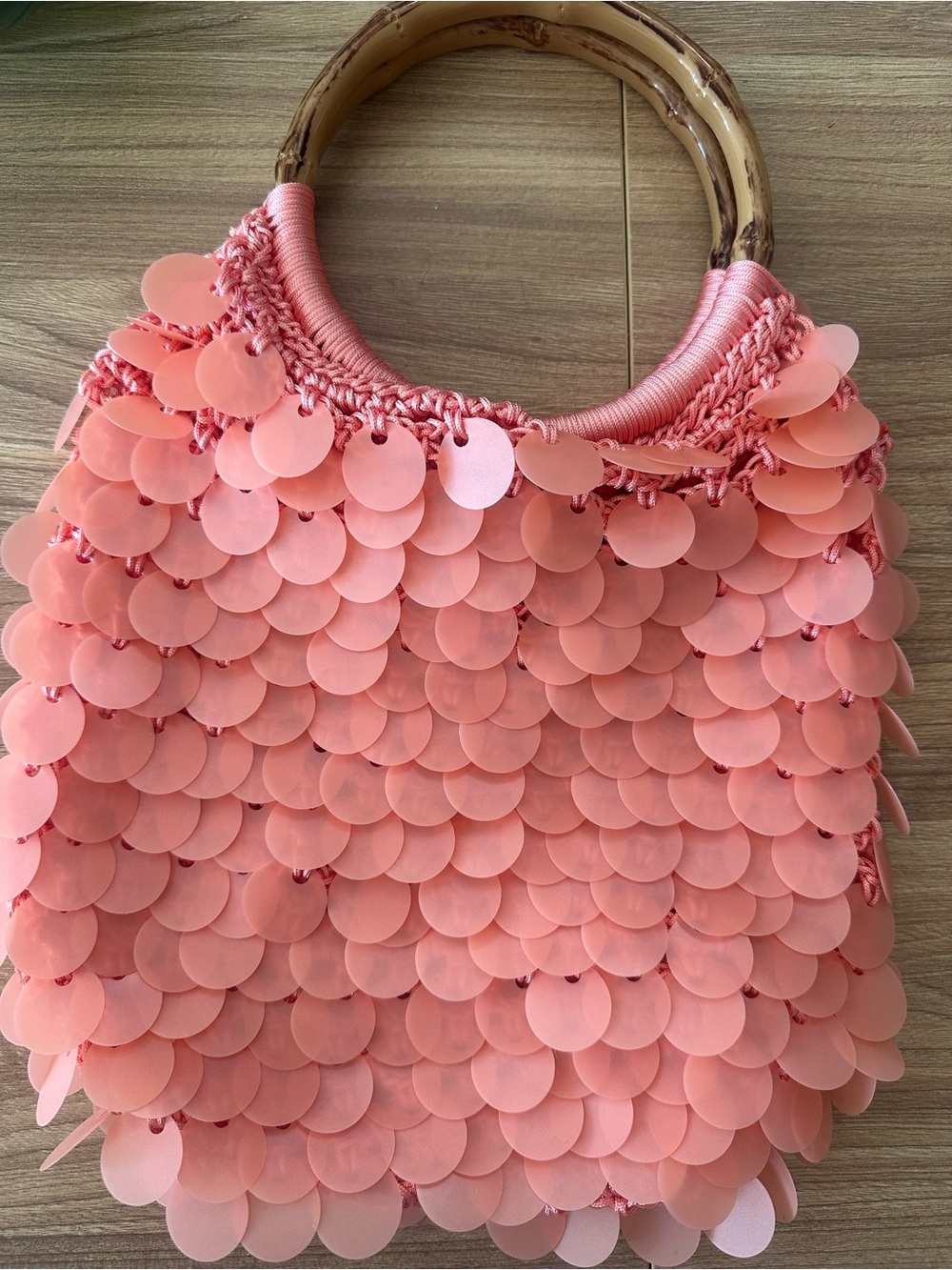 Anthropologie Pink Sequin Handbag with Bamboo Handles
